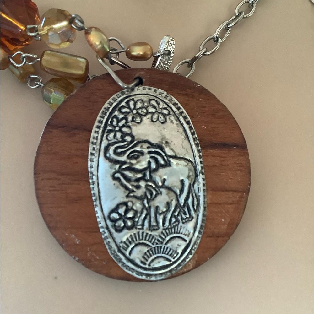 Vintage elephant necklace, wood, metal, tigers eye, AB crystal beads